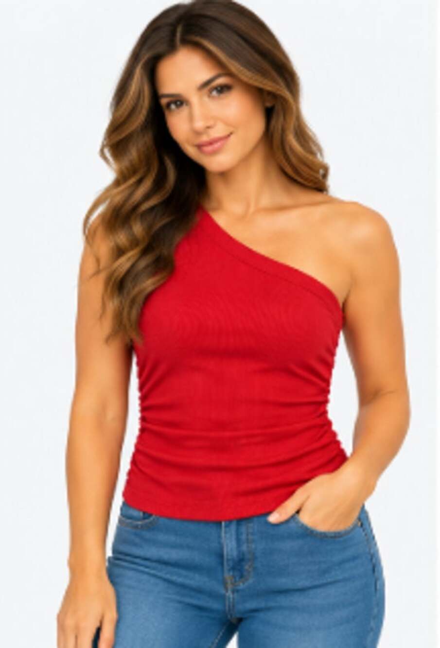 Red one shoulder crop top